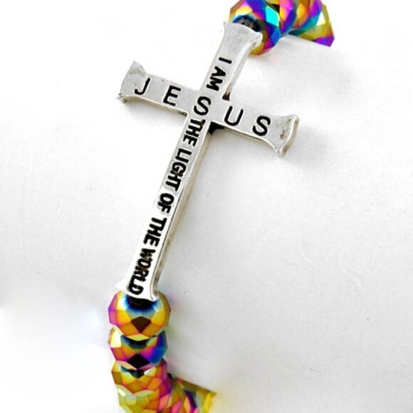 Jesus I Am the Light of the World Cross Dark Ab Faceted Crystal Stretch Bracelet - Picture 2 of 3
